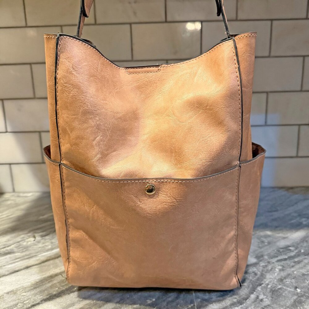 Tan Faux Leather Hobo/Bucket Bag with 3 Exterior Pockets